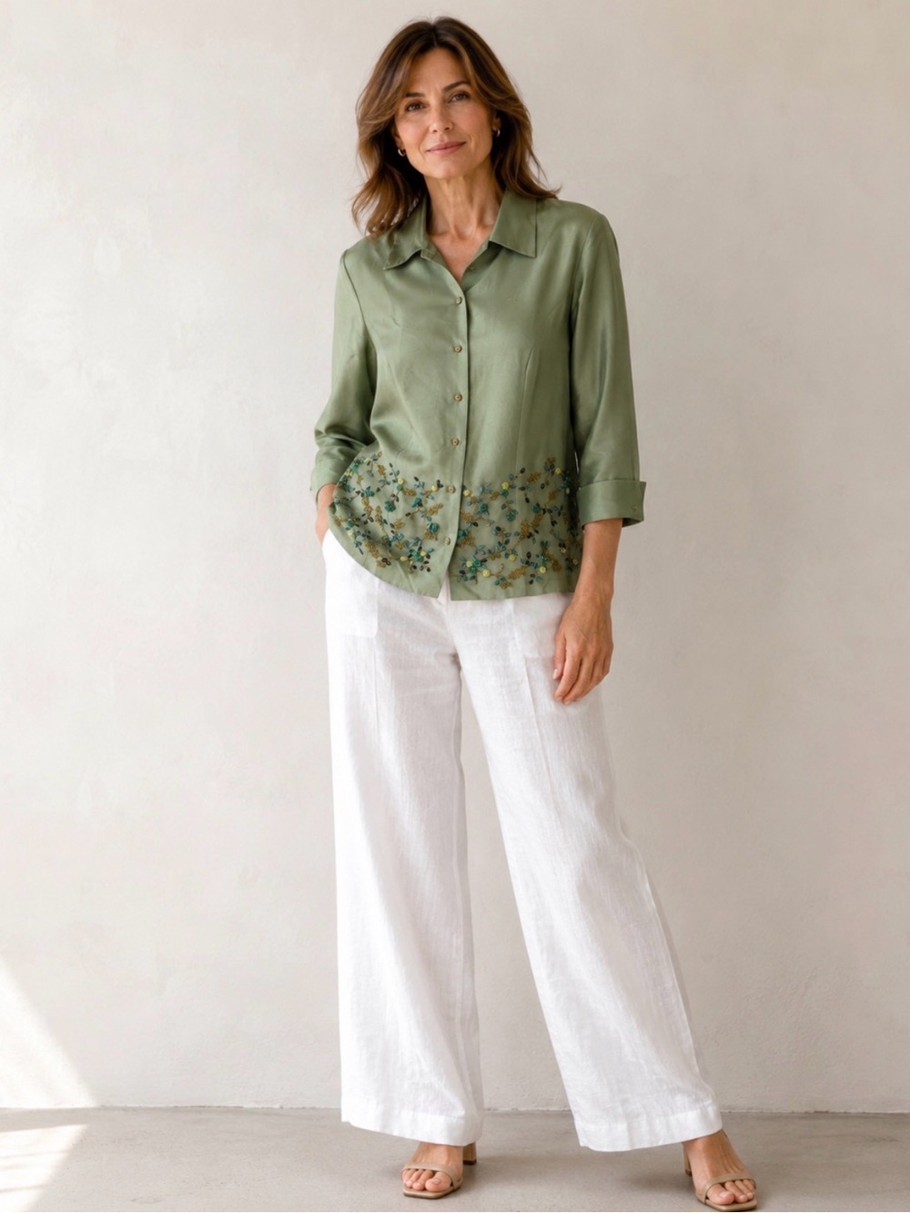 Vintage ICE Seafoam Green Silk Floral Beaded Structured 3/4 Sleeve Top Size 6